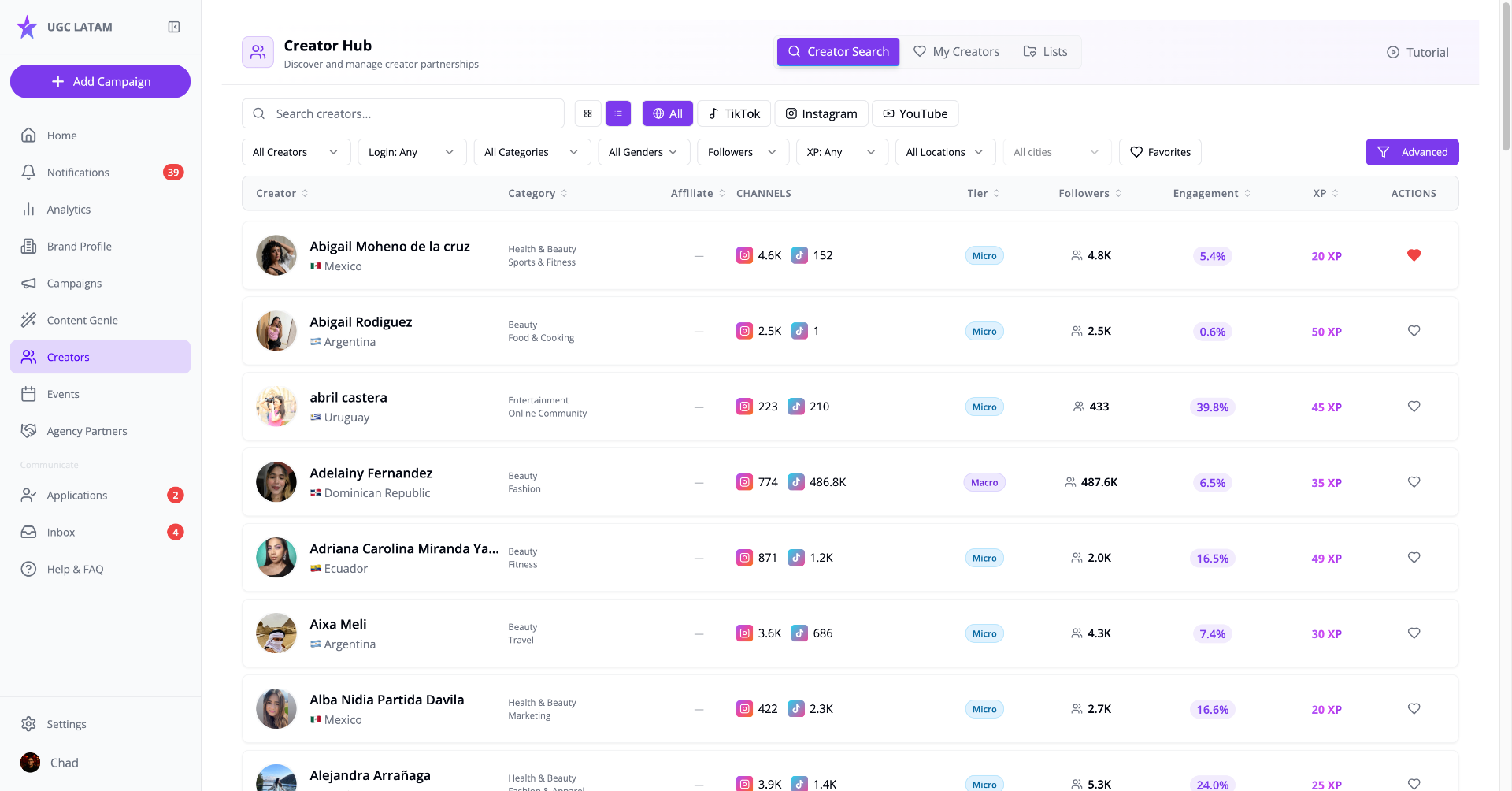 UGC LATAM creator search dashboard