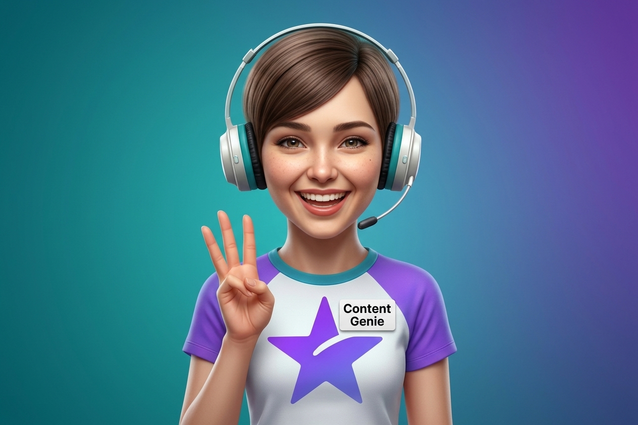 Personaje de Content Genie haciendo el signo de la paz
