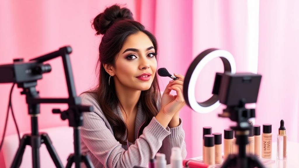 Beauty creator filming a makeup routine with a ring light