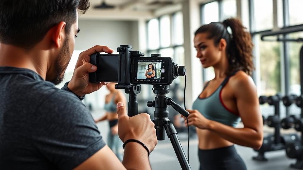 Fitness creator being filmed during a gym workout