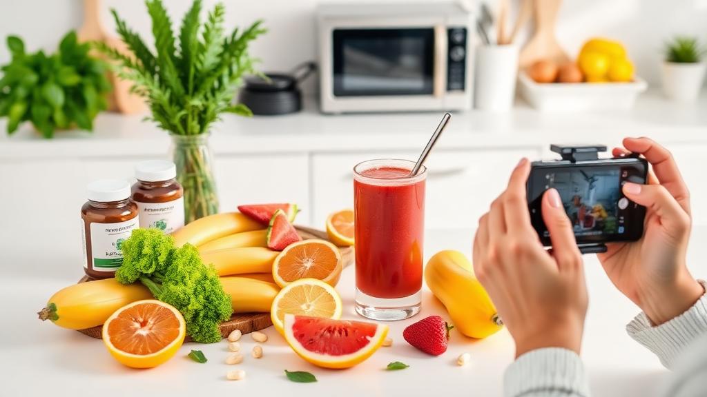 Supplements, fresh fruit and a smoothie being filmed on a phone